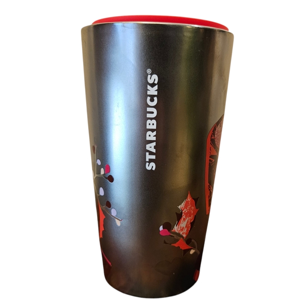 Starbuck 2023 Ceramic 12 oz Travel Tumbler Holiday Red Ribbon Holly Berry Silver